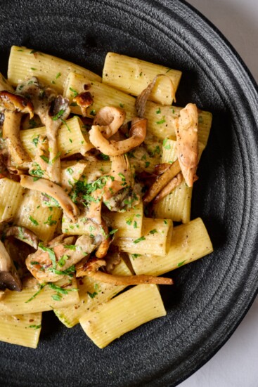 truffle cacio e pepe rigatoni pecorino romano, toasted black pepper corns, truffle oil, local farm mushrooms