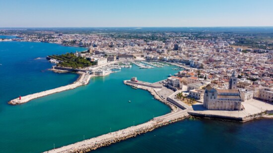 Aerial view of Trani in the southeastern region of Apulia in Italy - Marina seen from above with the Sea Cathedral of Trani in the Forefront