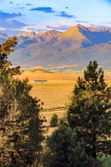 A view of the Sangre de Cristo mountain range from the side deck of Uluru Ranch. 