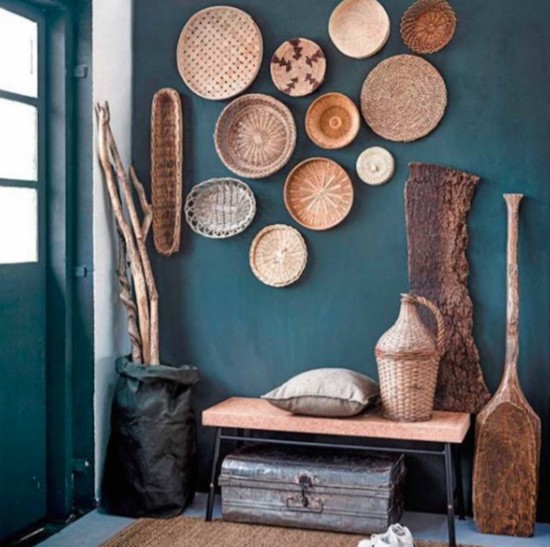 A dusty teal wall accented by round, wooden elements pulls in two elements that will be major in 2020; @styledbydi