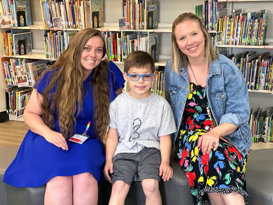 Lakota Teacher Brooke Sicking + School Counselor Aly McIntosh with Joey at Hopewell Early Childhood School.
