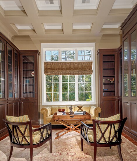 Private library with coffered ceiling