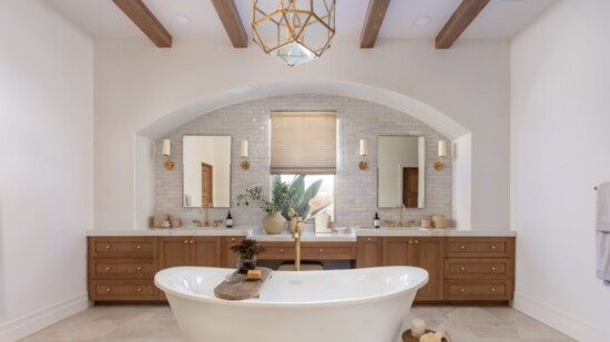 Tub from Signature Hardware.  Countertops and flooring from Bedrosian.  Lighting from Visual Comfort.  Walls are Roman Clay finish in Brooks by Portola Paints.