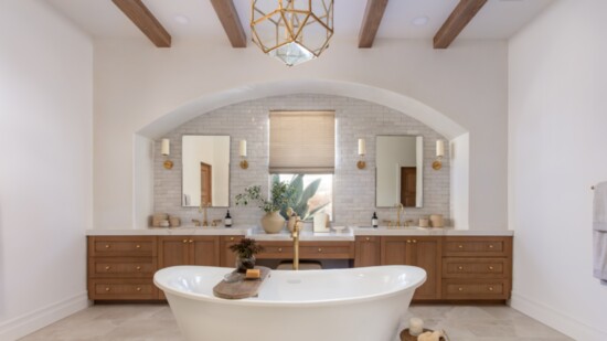 Tub from Signature Hardware. Countertops and flooring from Bedrosian. Lighting from Visual Comfort. Walls are Roman Clay finish in Brooks by Portola Paints.