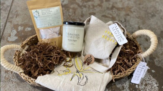 Mavens & Makers - Bath tea, Heavenly Harmony Herbals, candle, apron by Creative Co-op, handmade earrings by It's a Paddy