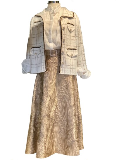 Textured maxi skirt paired with peasant blouse and Chanel inspired tweed jacket  - Three Pears 