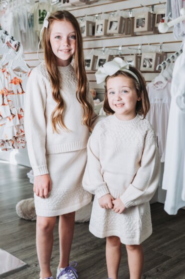 Two-piece shimmer sweater outfits by Mayoral,  a company whose goal is to accompany girls throughout their childhood until adolescence.