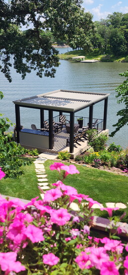 StruXure Pergolas accent lakefront living.