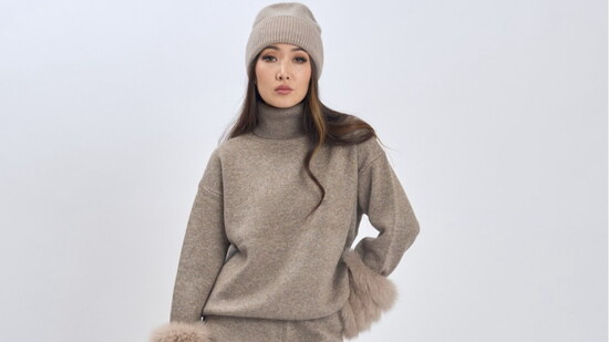 Faux fur cuff cashmere sweater, pants and hat set at Styles & Smiles.
