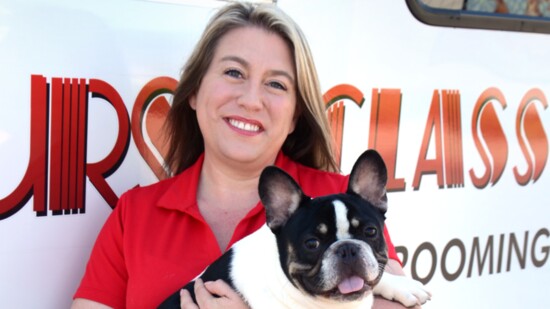 Furst Class Canine Mobile Grooming Salon and Spa proprietor with her French bulldog, Bubbles.