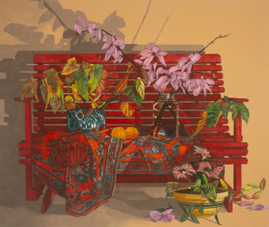 Art by Mary Sims, Untitled (Red Bench), acrylic on canvas, c. 1985 available at David Lusk Gallery.