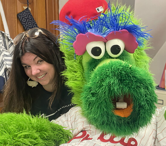 Phillie Phanatic visits Jenn in her office pre-Little League Pep Rally
