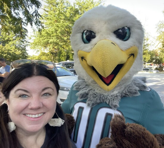 Jenn with Swoop at at Borough Hall Prepep Rally 
