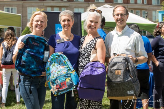 Collecting backpacks for underprivileged children are (l to r) Susan Lofhjelm, former IW Director of Development, Maryland State Senator Cheryl Kagan, Kay Newho