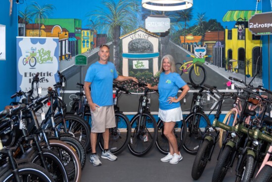 Pamela and Ray Fiume at the Big Bam eBikes store in Venice.