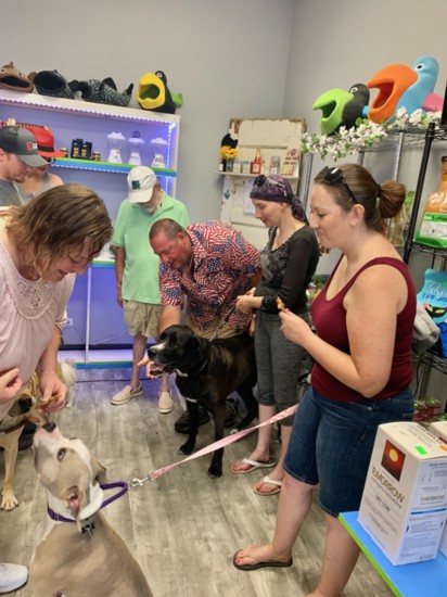 Chloe's thrilled to try free samples from Main St Pet Boutique & Bakery's owner Colleen Berg (at left)..