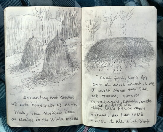 John Coykendall's sketches from his journal documenting an old-fashioned method of preserving winter vegetables and storing hay