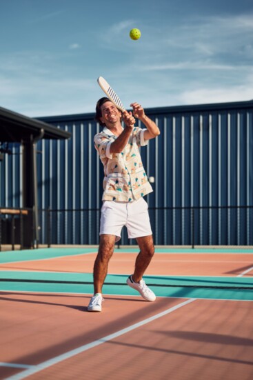 This Page: Aaron sports 'Tom Wesselmann - Seascape Drop Out’ Patchwork (Silk & Cotton Twill) shirt from Tombolo, Impact shorts from Amazon, Adidas Stan