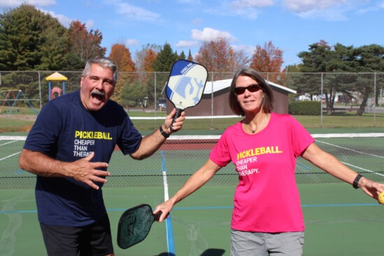 Having fun on the court in Dinkers & Bangers tees.