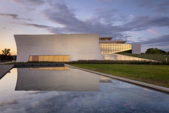 Pavillions and the reflecting pool are mesmerizing in the sunset at The Kennedy Center. Photo by Richard Barnes.