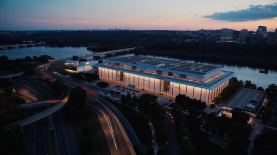 A drones-eye view of The Kenned Center along the Potomac. Photo courtesy of The  Kennedy Center. 