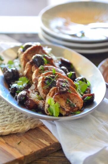 Roasted Pork Tenderloin with Spiced Dried Plum Sauce from Bennett's cookbook, The Oregon Farm Table Cookbook. Photo credit: Karista Bennett