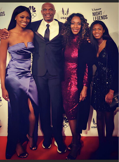 Steve Lewis with his wife Tamala and daughters Ashley and Sienna, celebrate at the USA Track & Field Hall of Fame red carpet event.