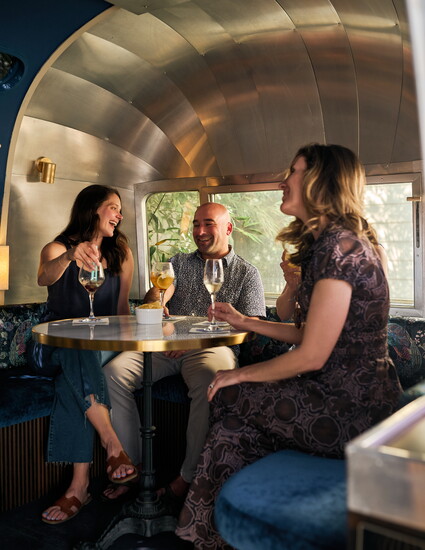 "Perl" is an Airstream onsite that provides indoor seating options and private event space
