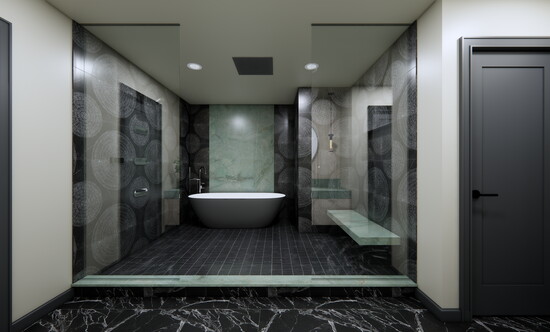 A bathroom and shower designed by Leah Bolger featuring pair with the blurb titled Graff RIVA Collection shower systems.