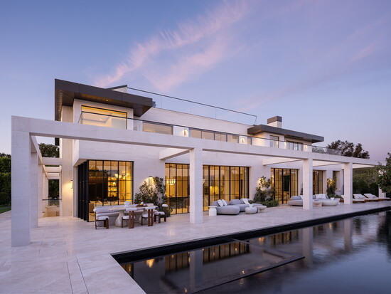 The striking travertine exterior of the Bonhill Estate