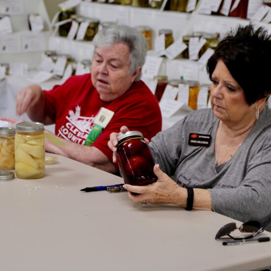 Two judges look over canned goods during last year's fair.
