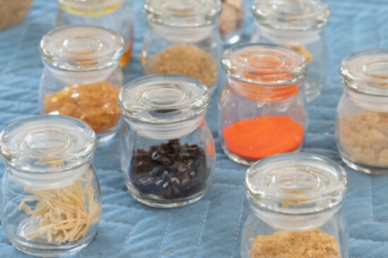 Assorted shellacs, animal glues, chemicals, pigments that are used in traditional conservation. 