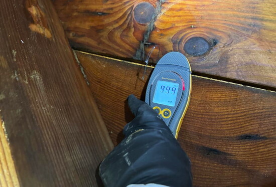 A moisture meter device helps identify water damage on affected surfaces.