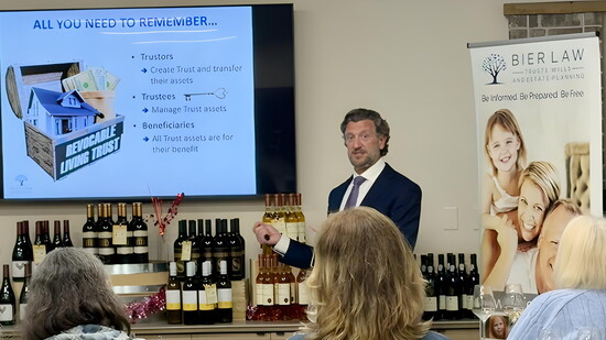 Seth Bier hosts a Tastes & Trusts seminar in Redondo Beach, pairing a mini wine tasting with a presentation on wills, trusts, and asset protection.