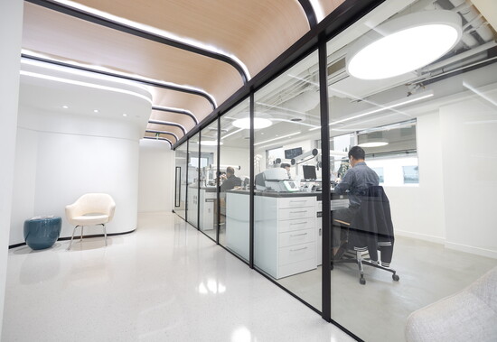 The entrance to Apa Aesthetic’s Beverly Hills office features a glass-walled laboratory