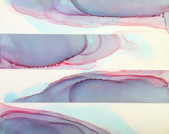 "Sliced" – mixed liquid media, Yupo paper on wood panel