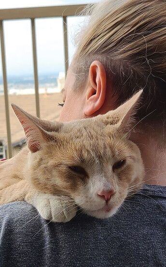 Nestled against Wendi, Butters settles in for a cozy cuddle session.