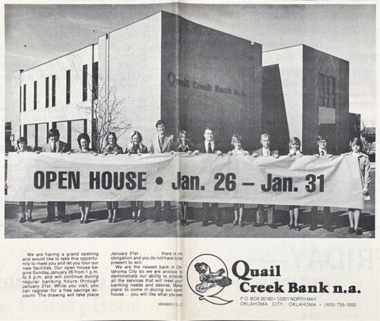 Photo of a Quail Creek Bank ad announcing its grand opening and open house