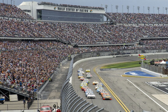 Chase Briscoe, driver of No. 19 Bass Pro Shops Toyota leads the field after taking the green flag to start the NASCAR Cup Series Daytona 500