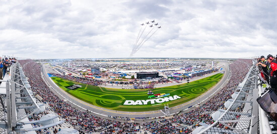 The U.S. Air Force Thunderbirds perform a flyover prior to the NASCAR Cup Series Daytona 500 at Daytona International Speedway
