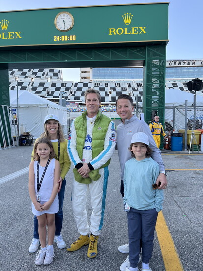 Frank Kelleher and Family with Brad Pitt after wrapping filming for F1: The Movie
