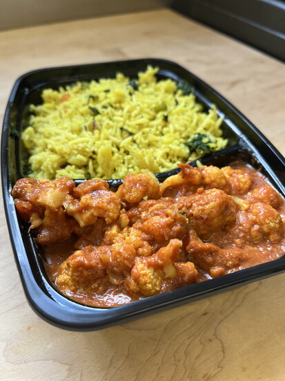 For vegetarians, Radiant Health Kitchen offers meals such as cauliflower tikka masala with vegetable biryani