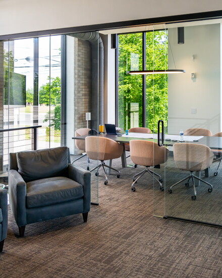 A well-appointed work room and meeting space is in the mezzanine of the owner's clubhouse.