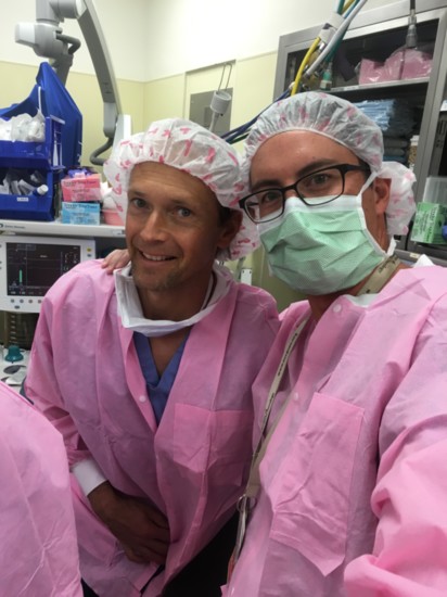 (L-R): Dr. Nathan Weber and Dr. Shawn Steen don their pink scrubs.