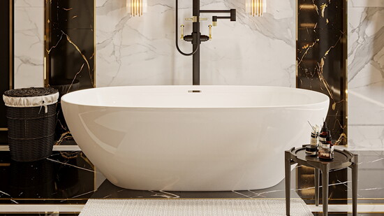 This sleek bathtub is the centerpiece of an elegant bathroom.