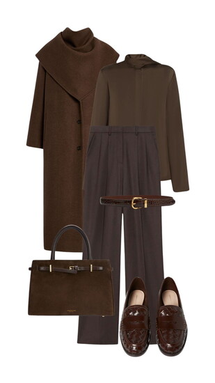 Laura Gregory's monochromatic lookbook page for women's office wear in this year's mocha mousse.