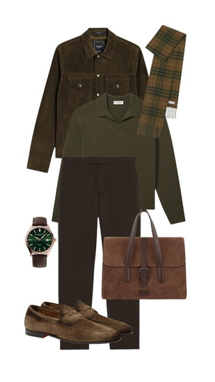 A men's sample work outfit in mocha mousse.