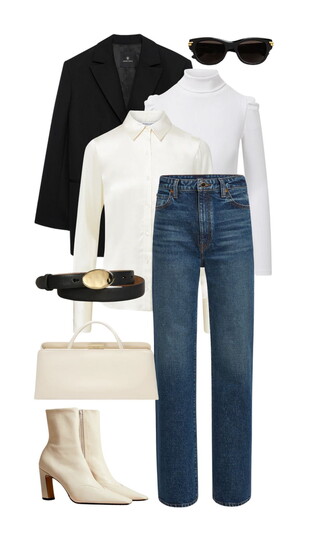 Laura Gregory is a big advocate of denim, structured layers and tailoring, such as this turtleneck underneath a silk button-up paired with accessories. 