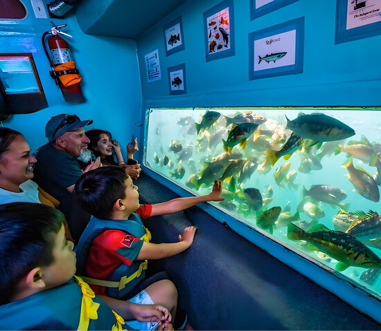 Tour-goers below deck view hundreds of fish up close on the Redondo Glass Bottom Boat tour. Photo Credit: Jake Mark