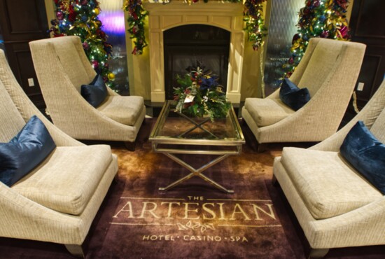 The lobby of the Artesian is punctuated with cozy sitting areas.